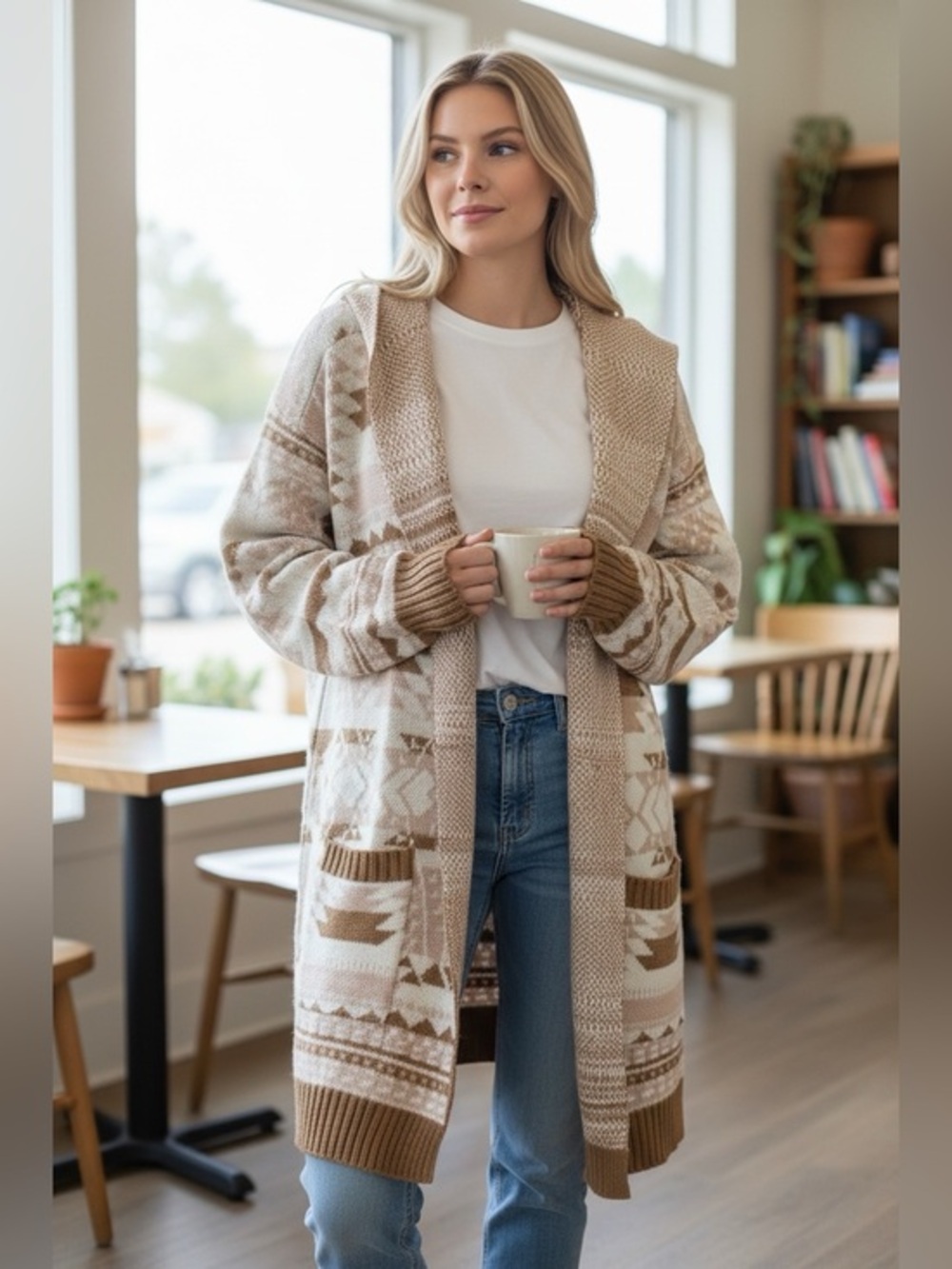 🫶🏻 SOHO Cozy Open-Front Patterned Cardigan Sweater - Beige